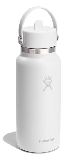 Image of Hydro Flask Water Bottle - Insulated Stainless Steel - Wide Mouth Flex Straw Lid, Non Spill, Leakproof and Refillable in 32 Oz Tonal White