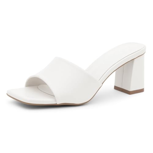 Shoe Land 3 Inch Block Heels for Women – Square Open Toe Slip-On Heeled Mules | Chunky Heel Dressy & Casual Sandals for Party, Wedding, Office | 2025 Trendy, White, Size 8.0, Crypress