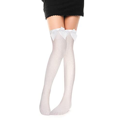 Sibba 1 Paar hohe Kniestrümpfe Strumpfband Spitze Kawaii Rüschen Lang über Rüschen Kostüm Schleife Strumpfhose Mesh Polyester Gothic für Schule Cosplay Party Mädchen Frauen Weiß 6 Jahre