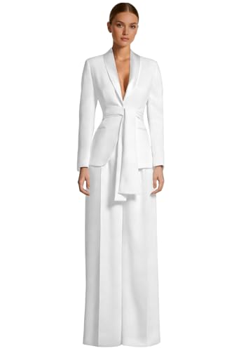 Long Sleeve Women Blazer Tuxedo Set Belted Wedding Guest Suit White