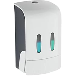 Dosificador Doble De Jabon Wenko Dispensador de Desinfectante y Jabón Líquido Dos Depósitos Tartas, Blanco/Gris