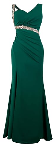 Angel-fashions Femmes Robe de soirée Verte à épaule Unique froncée ornée de Sequins dorés avec Fente et Bas en péplum Parfaite pour Les bals de Promo...