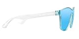 Montura transparente en azul claro, patillas transparentes, lentes polarizadas hechas de triacetato de celulosa en color azul cielo y efecto espejo