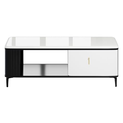 Image of Royaloak Milan Italian Marble Center Table | Italian Art | Metal Legs | Bottom Shelf | High Gloss Reflective Finish | Telescopic Channel | Drawer | Center Table for Living Room