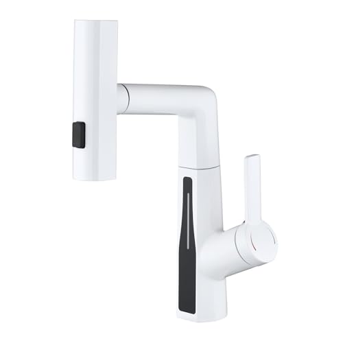 Grifo de Lavabo con Pantalla LED de Temperatura, Grifo de baño con Efecto Lluvia en Cascada y rociador extraíble, mezcladores de Lavabo elevables de latón, Monomando, lámpara de araña Negra (cromada)
