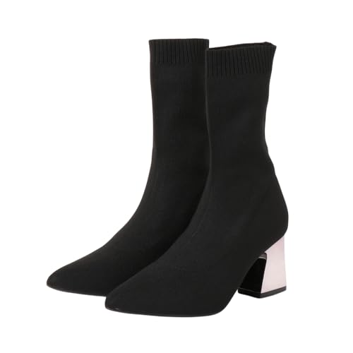 ソックスブーツ 太ヒール ショートブーツ ヒール レディース ブーツ ヒール10cm ピンピール ポインテッド セクシー 大人 エレガント 綺麗め ストレッチ ニットブーツ 綺麗なラインのストレッチソックスブーツ(ブラック、23.5cm)