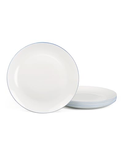 LaGlint Juego de 6 platos de comida redondos de vidrio opal blanco de 26,67 cm con borde azul marino pintado a mano. Apto para microondas y lavavajillas
