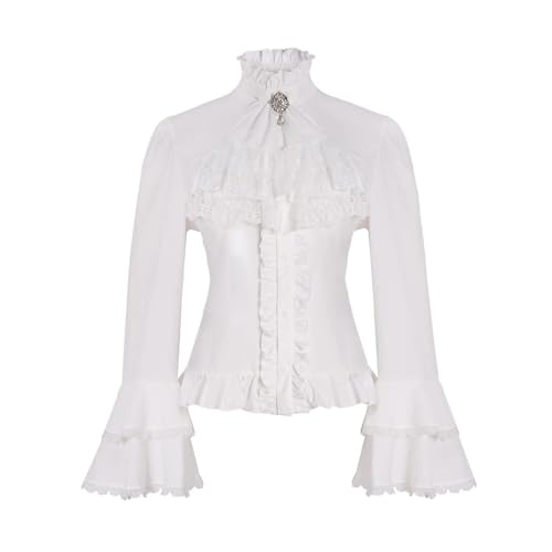 COSDREAMER Chemisier Vintage Victorien pour Femme, Style médiéval, Gothique, Pirate, Haut à col Montant, Blanc., XL