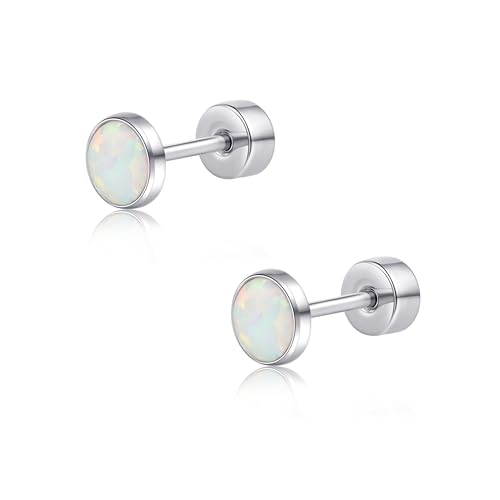 limerencia 20G Titanium Flatback Earrings for Sensitive Ears, G23 Hypoallergenic Titanium Simulated Opal Post Screw Back on Earrings for Cartilage Helix Tragus