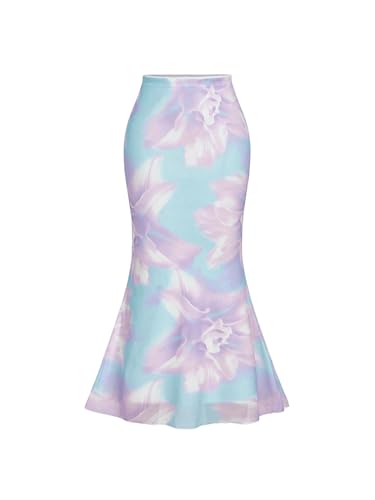 Milumia Women's Floral Print Mesh Maxi Skirt Fishtail Bodycon High Waist Boho Midi Skirts