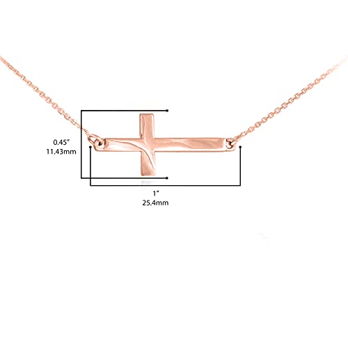 14K Rose Gold Curved Pendant Sideways Cross Necklace With 18" Rolo Chain #TOP2