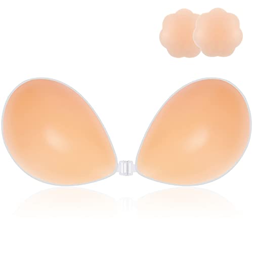 CatoFree Invisible Strapless Push Up Bra, Adhesive Silicone Backless Bra Reusable Sticky Bra with 2Pcs Nipple Covers for Evening Dress, Wedding Dress and Backless Strapless Clothing (C, Nude)