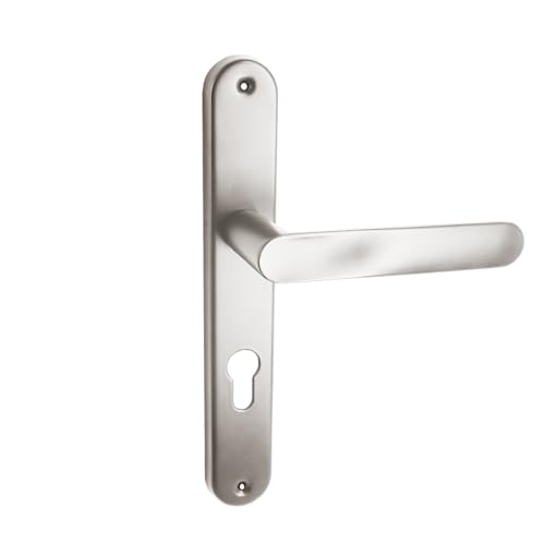 Domino Set de poignées de porte avec trou PZ Kit de poignées pour porte d’entrée, cave, couloir – Pour cylindre européen en aluminium robuste argenté universelle OVAL M9 PZ70