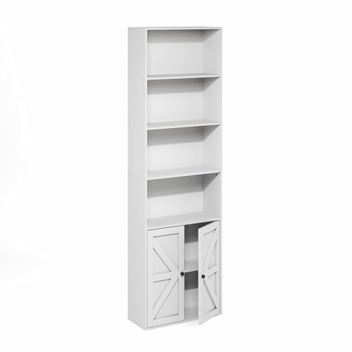 Furinno Jensen Landhausstil 6-stöckiges Ausstellungsregal, Bücherregal mit Türen, Weiß