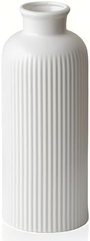 White Ribbed Ceramic Vase for Flowers, Modern Textured Decorative...