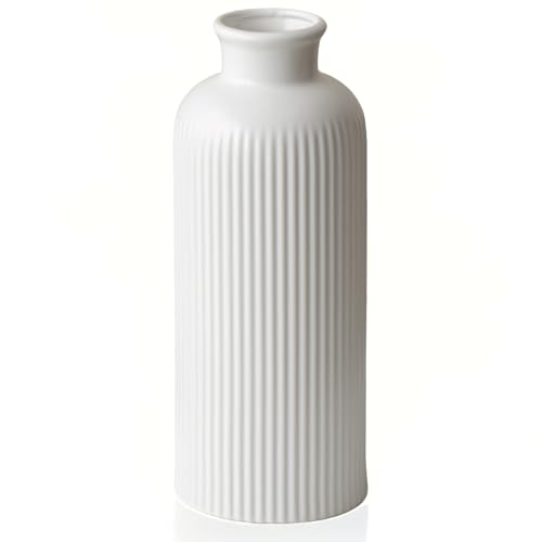 White Ribbed Ceramic Vase for Flowers, Modern Textured Decorative Vase,