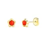 Pendientes en Oro de 9k con forma de flor de 5mm. con piedra coral de 2.4mm. redonda en el centro