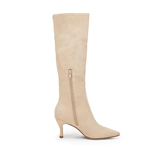 Coutgo Womens Knee High Boots Pointed Toe Kitten Heel Side Zipper Stretchy Vegan Suede Comfort Fall Winter Boot3