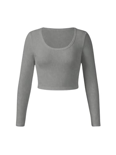 Image of RoseSeek Girl's Long Sleeve T Shirt Slim Fit Crewneck Fall Basic Tees Ribbed Knit Crop Top for Girls Grey and Black 8Y