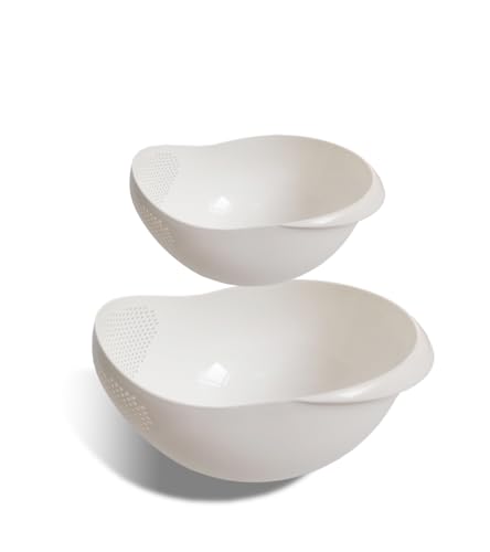 2-in-1 Rice Colander, Vegetable and Fruit Cleaning Filter Basket, 2Piece Sturdy and Easy-To-Use Food Grade Kitchen Tool Accessories (white, large+small)