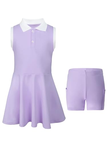 Vestido de Tenis para Niñas con Separados Pantalones Cortos Bolsillos Vestido Deportivo sin Mangas Polo Vestido de Golf 9-10 años Morado