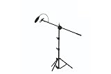 Floor-mounted microphone stand with a 15.5 cm pop filter.