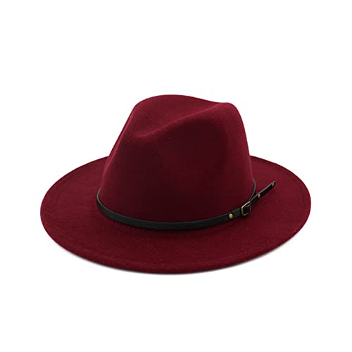 HESYSUAN Fedora - Sombreros con hebilla de cinturón para mujeres y hombres, de ala ancha, unisex, sombrero de Panamá (rojo vino, ajustable)