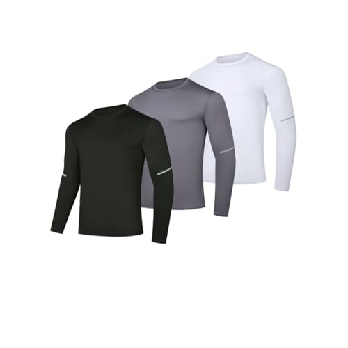 fovdtaa 3 Pack Men's Long Sleeve Crew Neck Shirts T-Shirt Workout Running Tops Gym Breathable Sports Shirts T Shirt Long Sleeve Sports Tops White L
