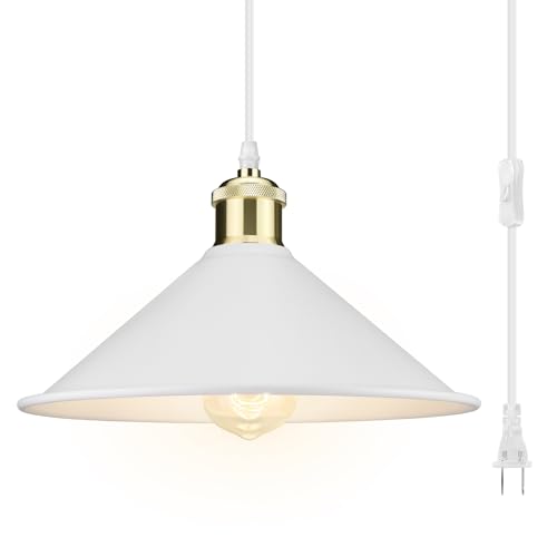 Image of Big White Plug in Pendant Light, Modern Hanging Light with Plug in Cord | Hanging Lamp, Pendant Lamp, Vintage Pendant Light with Plug in Cord, Industrial Pendant Light Fixture for Kitchen Dining Room