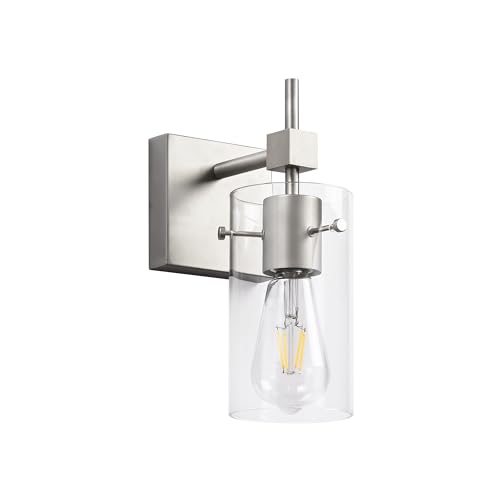 Image of SOLFART 1 Light Vintage Vanity Light Brushed Nickel Bathroom Light Fixture Over Mirror for Bath Glass Shade Wall Light Modern Light Fixture