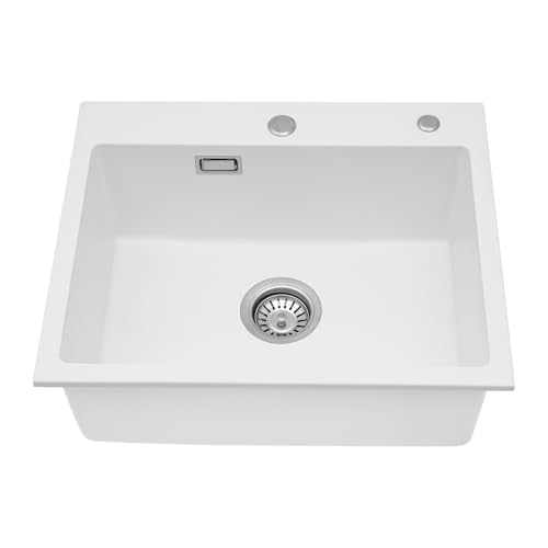 Lavello da cucina, profondo, in pietra di quarzo, bianco, 1 vasca da incasso, capacità di carico di circa 220,46 kg, beccuccio anti-trabocco, per bagni, ristoranti, caffetterie scolastiche
