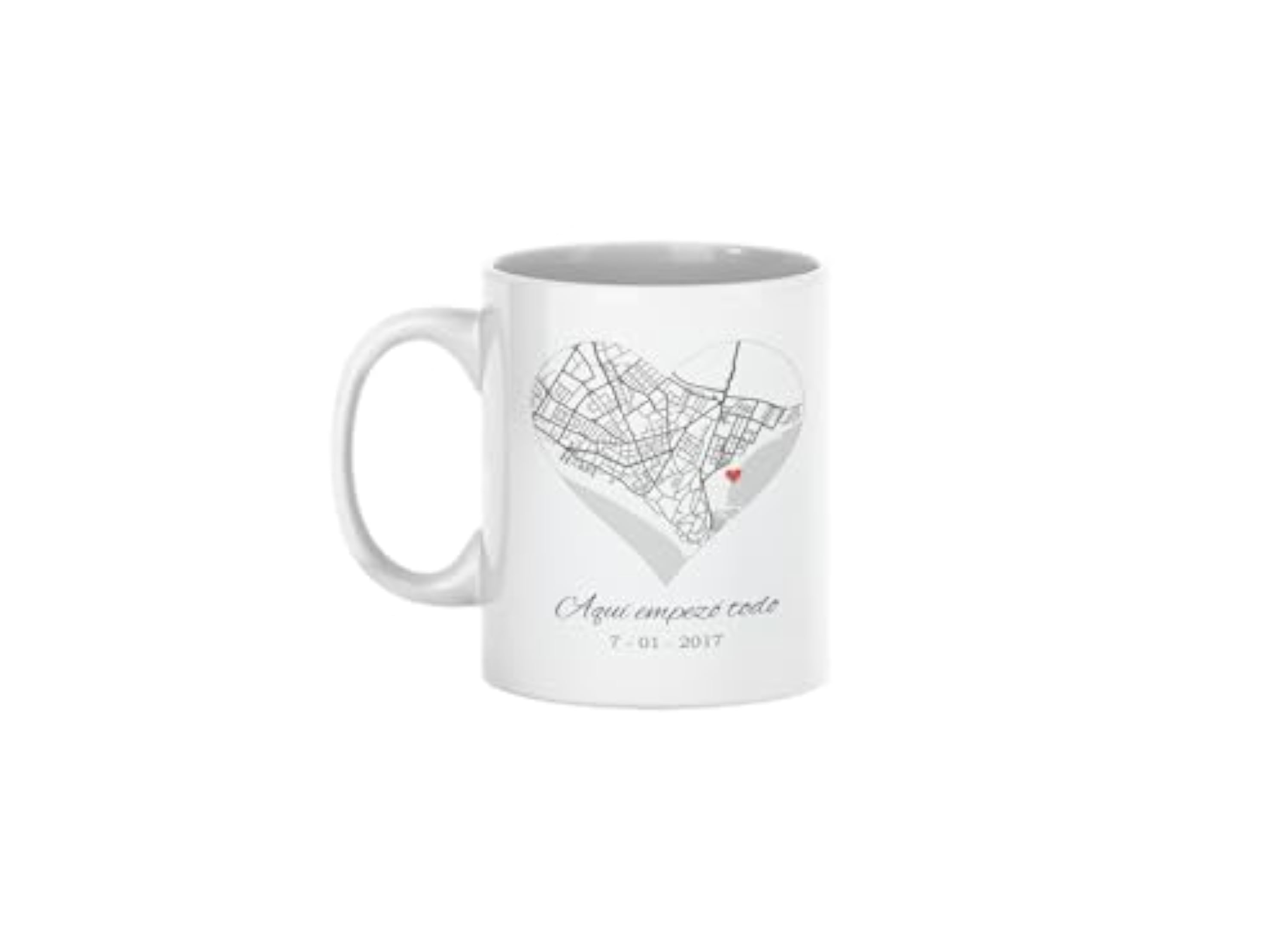 C&P Taza mapa del amor donde empezo todo, personalizada con tu ubicacion favorita, blanco brillo 350 ML (CORAZON BLANCO Y NEGRO)