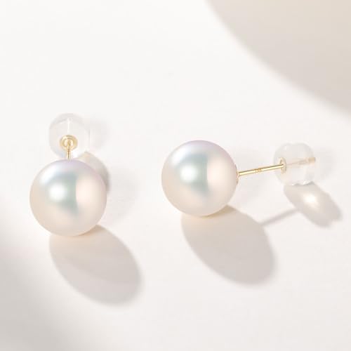 14K Solid Gold Earrings with Akoya Cultured Pearl Studs, Classic Round Blue/Golden/White Pearl, Hypoallergenic for Sensitive Ears, Jewelry Gifts for Women2