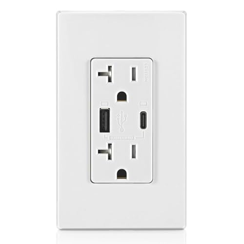 Image of Leviton T5834-W 60W (20V@2.5A+ 5V@2A) USB Dual Type A /Type-C Power Delivery in-Wall Charger with 20A Tamper-Resistant Outlet, USB Charger for Smartphones, Tablets, Laptops, White