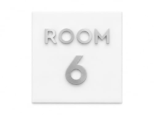 ALLVIVIDART Room number signs. Custom room numbers. Hotel room door number plaques. Unit numbers. Exam rooms. Door signage. Made in USA. (White-Silver, 5" x 5")