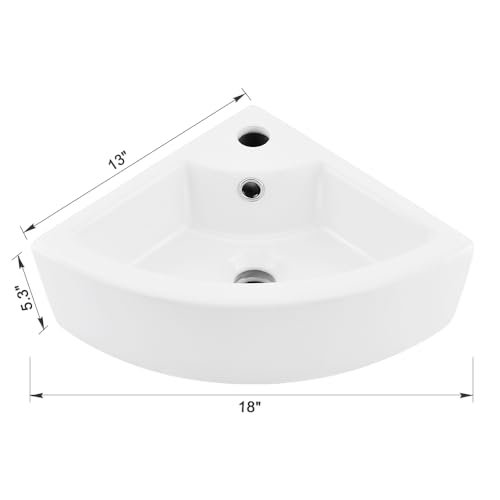 VASOYO Kleines Eckwaschbecken für Badezimmer, dreieckig, Porzellan, Keramik, Wandmontage, oberhalb der Theke, mit einzelnem Wasserhahnloch und Überlauf, Weiß