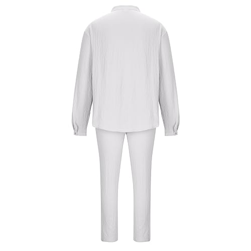 2-teiliges Leinen-Set Herren, Leinenhemd Herren und Leinenhose, Strandurlaub-Outfits Langärm Leinen Hemd mit Knopfleiste Leinen Shirt Elastische Taille mit Kordelzug Leinen Hose für Urlaub Alltag