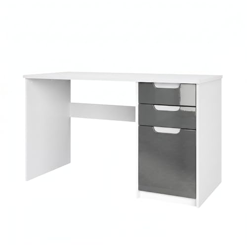 Vladon Schreibtisch Logan, Made in Germany, Bürotisch mit 2 Schubladen und 1 Tür, Weiß matt/Grau Hochglanz (129 x 76 x 60 cm)