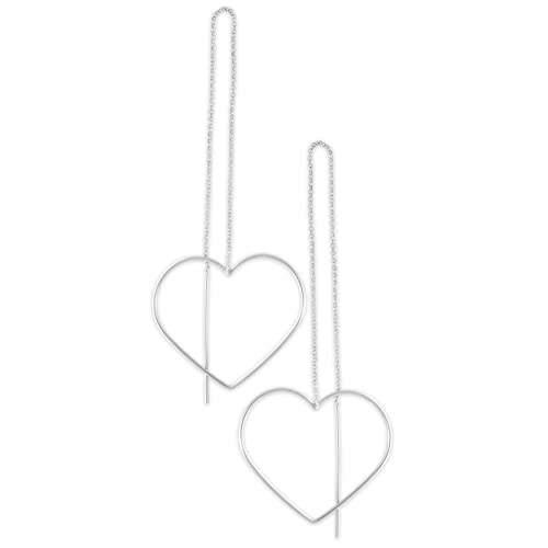 Emmanuela Threader Hearts Earrings Handmade of 925 Sterling Silver Long Pull Through Chain Statement Earrings with Hearts Hypoallergenic Jewelry Statement Valentine's Day Gift for Her