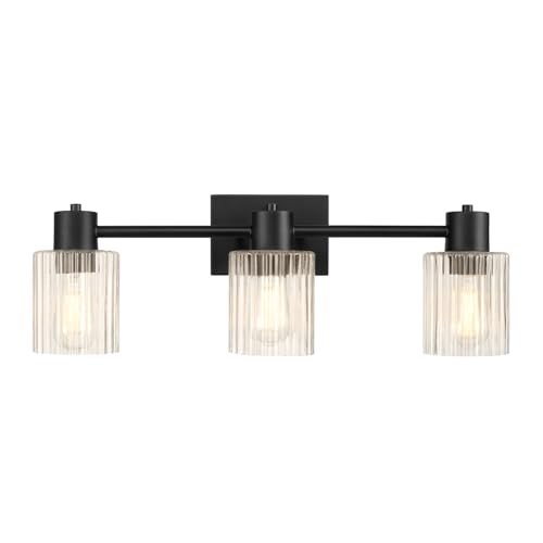 Image of Globe Electric 3-Light Vanity Light, Matte Black, Clear Ribbed Glass Shades