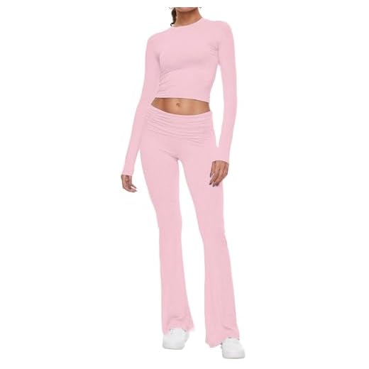 AnotherChill Conjunto feminino de 2 peças, calça flare dobrável, manga comprida, blusa curta, roupa casual, pijama, rosa, Small