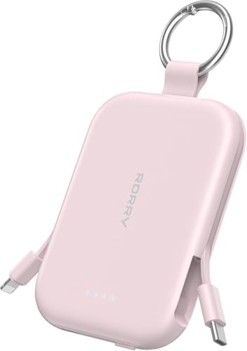 RORRY Portable Charger, 5000mAh Portable Charger Power Bank with Built-in Cables, Travel Keychain Charger Battery Pack for iPhone 17/16/15/14/13/12, for AirPods 2/3/4/Pro, Pink
