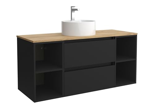 Salgar Mueble de Baño Bequia 120cm + Coqueta 2 Huecos Centrado + Encimera + Lavabo posar| Negro Mate |120x45x56