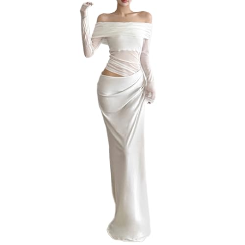 Robe longue ajustée en maille fine transparente et drapés de haute qualité