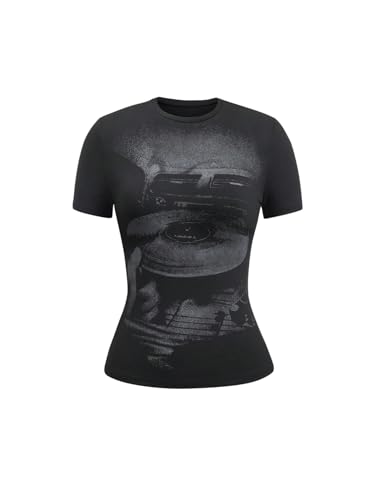 Milumia Women's Gothic Graphic Crew Neck Short Sleeve T Shirt Grunge Punk Fitted Tops