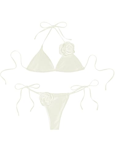 COZYEASE Conjunto de biquíni feminino, 2 peças, apliques florais, frente única, laço lateral, tanga,