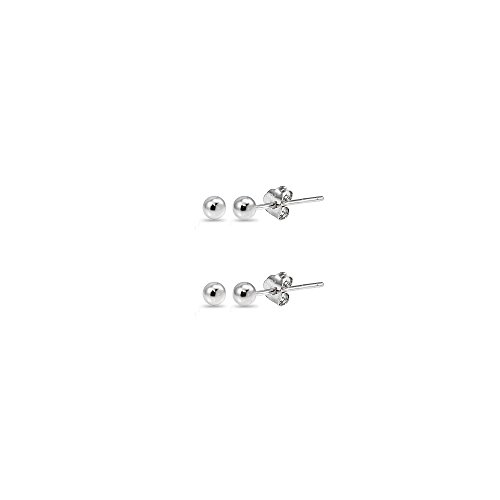 14K White Gold 2mm Polished Tiny Ball Bead Unisex Stud Earrings, Set of 2 Pairs