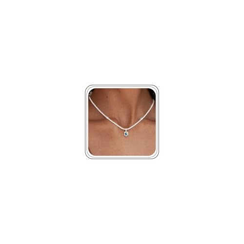 Maynor Birthstone Necklace for Women 925 Sterling Silver Necklace with Aquamarine Mar Cubic Zirconia Pendant Adjustable Silver Chain Personalised Choker Jewellery Birthday Gift for Women & Girls