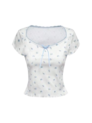 SOLY HUX Women's Summer Short Sleeve Y2k Tees Ditsy Floral Lace Bowknot Tshirts Kawaii Crop Tops