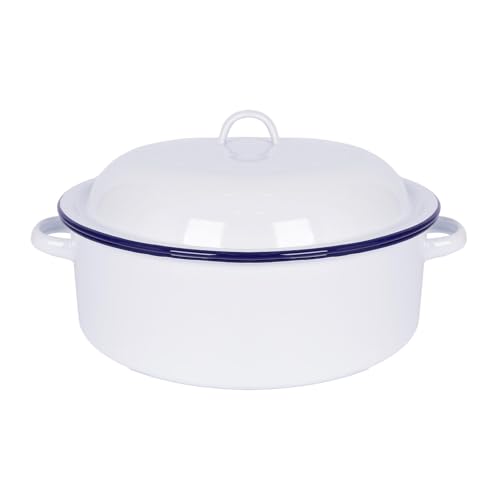 Argon Tableware 30cm White Round Enamel Roaster with Blue Rim Durable Oven & Camping Roasting Pan Self-Basting Lid Rustic Kitchenware for Chicken Meat & Vegetables